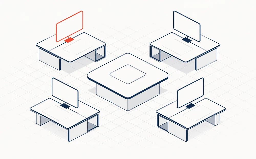 An abstract isometric workspace with desks arranged around a shared central table.