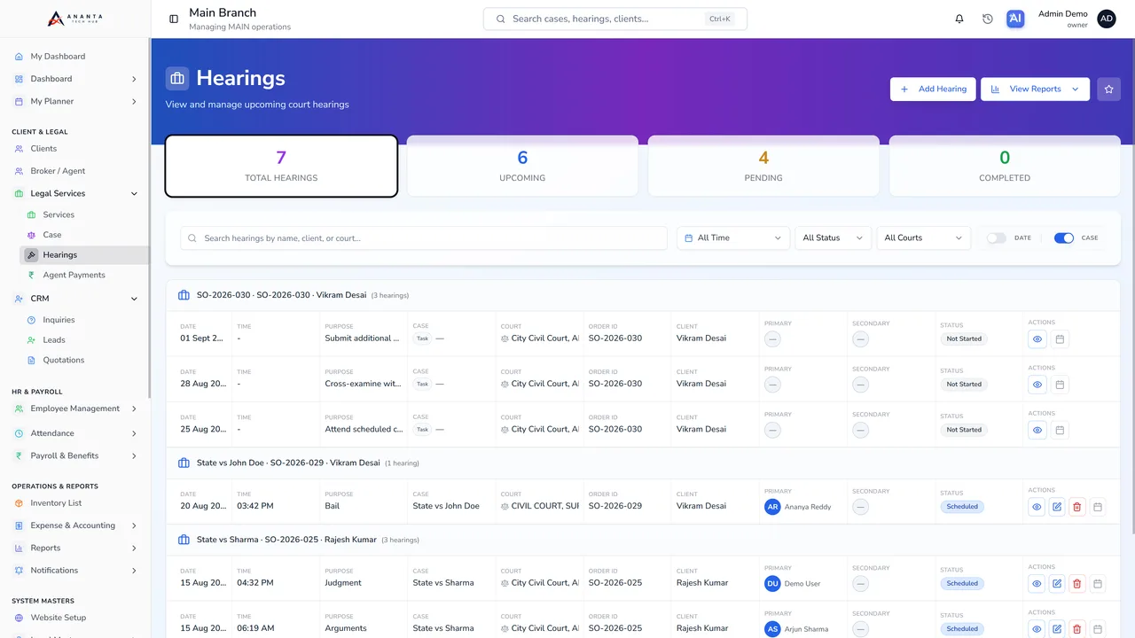 LegalPrime hearings list, grouped by case with court, date and status